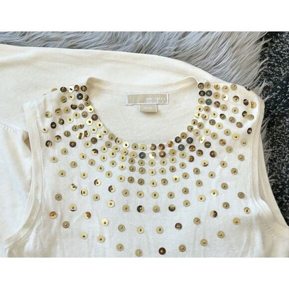 Michael Kors Cream Lined Cardigan And Tank Set W/Gold Zippers & Sequins Large - Picture 5 of 6